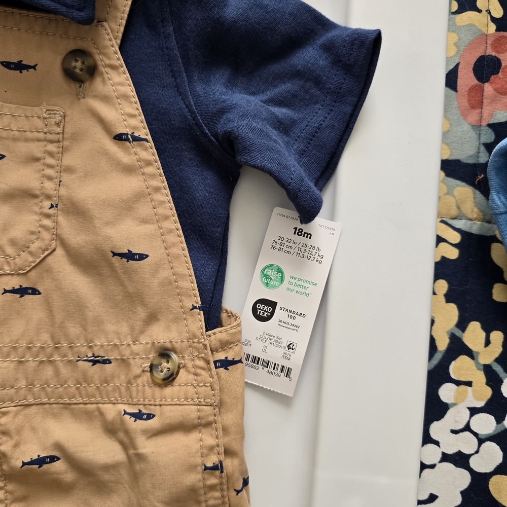Carter's Tan Overalls with Shark Pattern - Picture 2 of 4